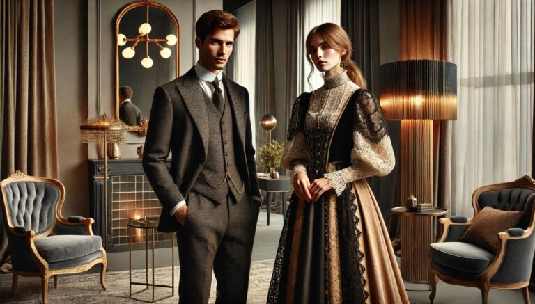 A modern couple in Victorian-inspired attire, with the man in a tailored suit and the woman in a modest lace-accented dress, standing in an elegant room with classic and contemporary furnishings.