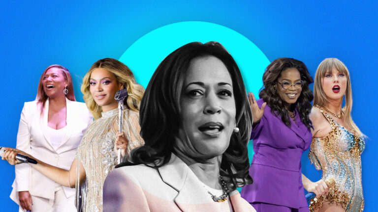 A photo collage of Kamala Harris alongside various celebrities, symbolizing her campaign’s reliance on high-profile endorsements during the election.