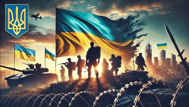 Ukrainian soldiers stand resolute on the battlefield, holding defensive positions amidst a rugged landscape, symbolizing their determination to defend their homeland.