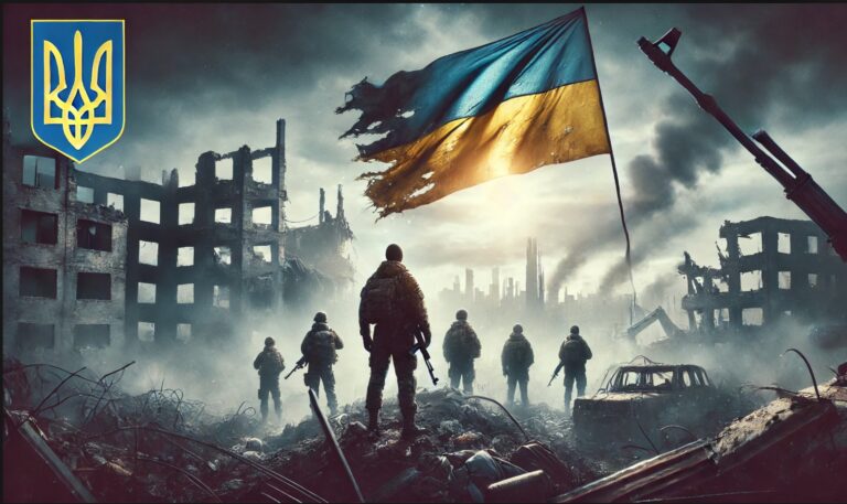 Photorealistic depiction of Ukrainian soldiers standing resilient in a war-torn landscape, with a tattered Ukrainian flag flying in the foreground and a devastated city smoldering in the background.