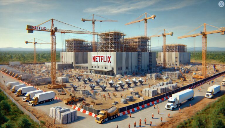 Netflix construction site for a new movie production studio in New Jersey, with cranes, workers, and the Netflix logo visible on banners.