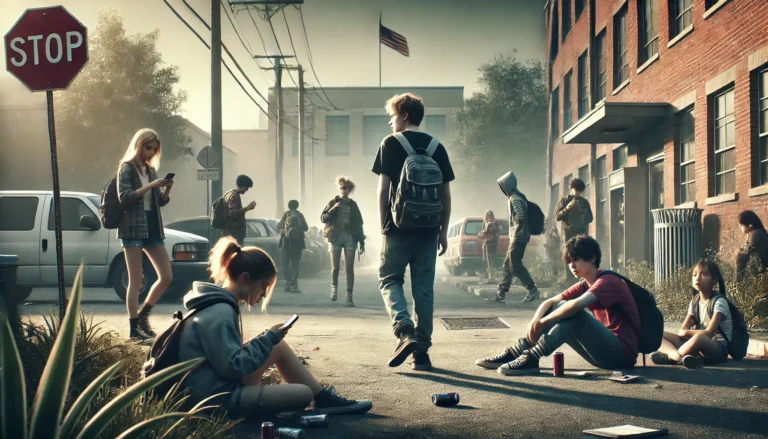 A group of school-age children loitering near an urban alleyway during school hours, appearing to skip class. Backpacks are discarded nearby, and the background features a distant school building with a flagpole.