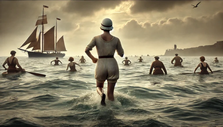 A dramatic, historical scene of Gertrude Ederle swimming the English Channel in the 1920s, wearing modest swimwear with knee-length bloomers and a cap, set against the vast, slightly overcast sea. The image conveys both her determination and the era's modesty.