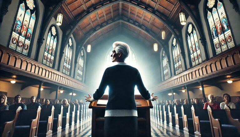 An Episcopalian preacher speaking at a pulpit during a public event.