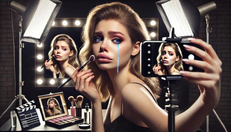 A young woman taking a selfie with tears in her eyes, soft lighting, and visible makeup.