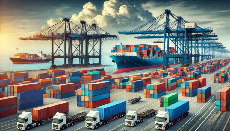 A shipping port with stacks of cargo containers and cranes loading goods onto a large cargo ship under a cloudy sky.