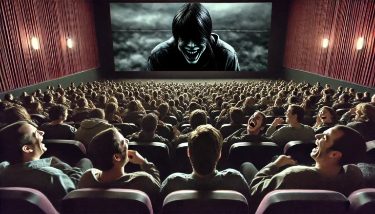 A crowded movie theater audience laughing while a violent scene plays on the big screen, symbolizing cultural desensitization to suffering and moral decay.