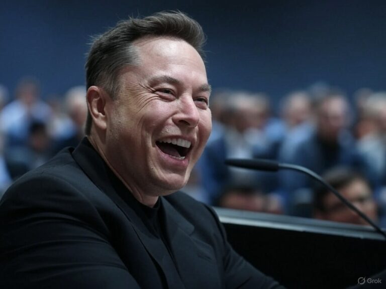 Elon Musk speaking at an event, laughing, with a blurred audience in the background.