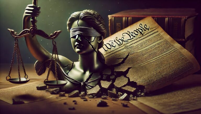 A cracked Lady Justice statue, still intact, lies atop a slightly crumpled U.S. Constitution, symbolizing the struggle and resilience of the rule of law.