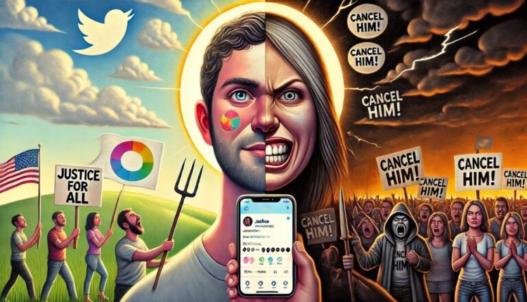 A digitally illustrated split face showing the contrast between a calm social justice activist and an angry cancel culture mob leader, symbolizing ideological hypocrisy.