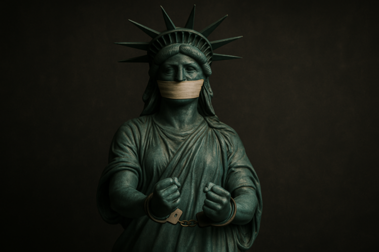 The statute of liberty in handcuffs and her mouth gagged, symbolizing the criminalization of speech.