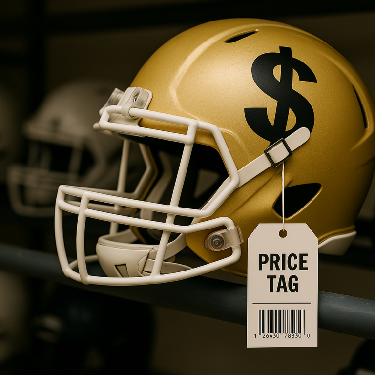 A gold football helmet with a black dollar sign and a price tag hangs on a rack, symbolizing the commercialization of college athletics.