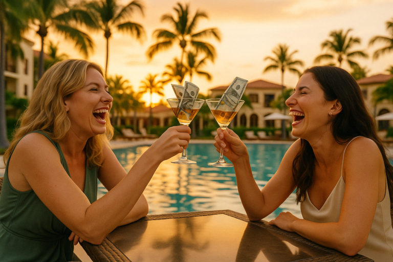 Two women at a tropical resort clink martini glasses filled with money while laughing at sunset by a pool.
