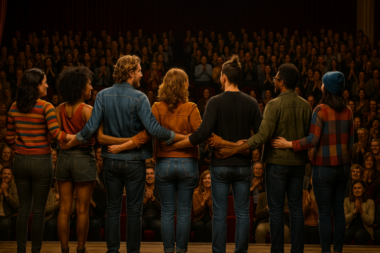 Seven performers stand onstage facing a cheering audience, arms linked and bowing together, under soft stage lighting with red curtains in the background.