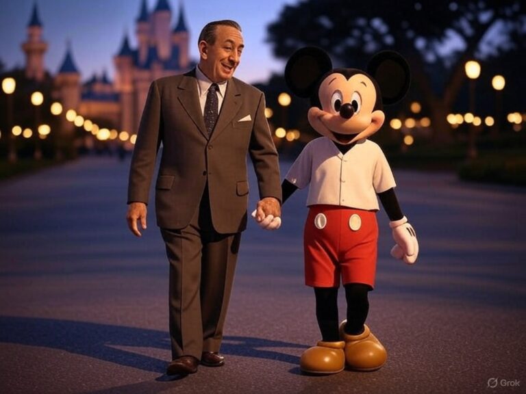 Walt Disney and Mickey mouse walk hand in hand at Disneyland.