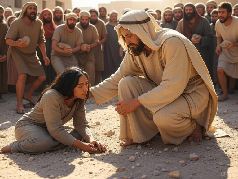 Christ kneeling beside the adulterous woman, offering forgiveness while the crowd holds stones.