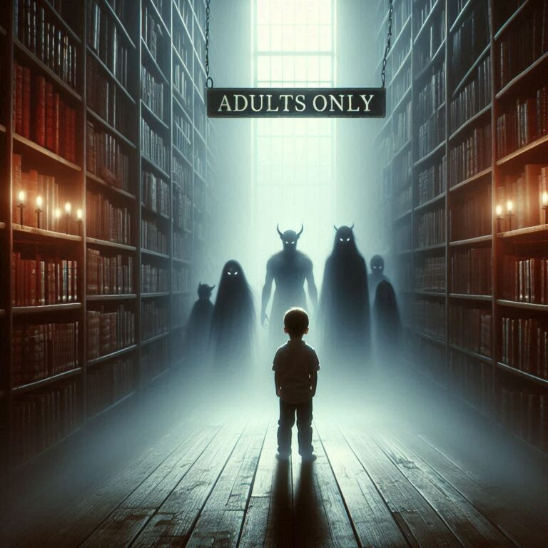 A small child stands alone in a dimly lit library near an "Adults Only" section, surrounded by faint, shadowy demonic figures hidden among the towering bookshelves, symbolizing the unseen dangers of exposing innocence to corruption.