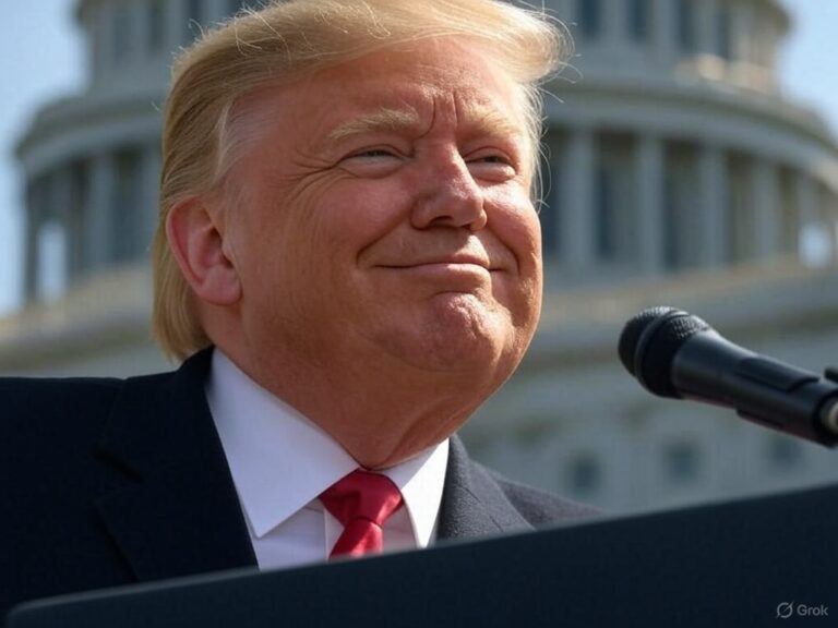 Donald Trump at a podium in a dark suit and red tie, wearing a smug expression, against a dark blue curtain backdrop.