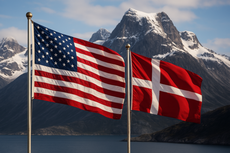 U.S. and Danish flags side by side with Greenland landscape in background