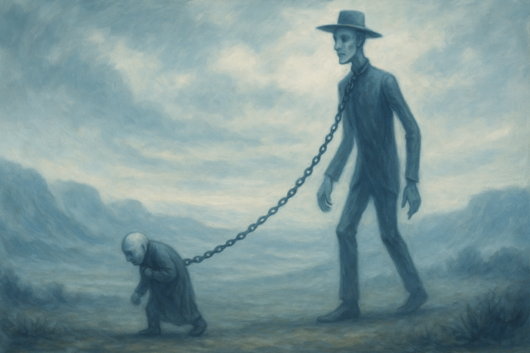 A ghostly, hunched figure drags a towering puppet on a chain through a misty, dreamlike landscape—symbolizing the burden of performative victimhood.