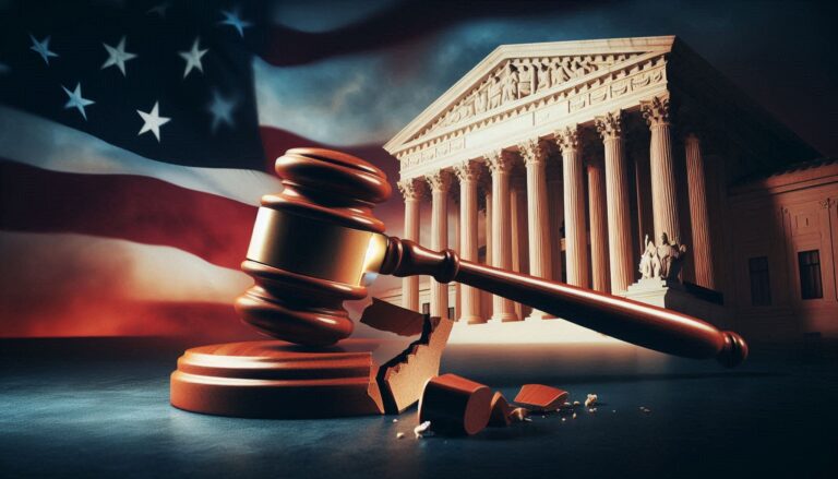 A symbolic image of the U.S. Supreme Court building in the background, with a gavel cracked in half in the foreground to suggest judicial overreach vs. breakdown.