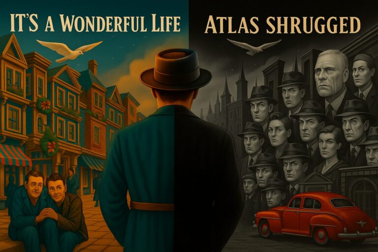 Split-screen illustration with "It's A Wonderful Life" on the left in warm, vibrant colors, showing a cheerful small-town street, and "Atlas Shrugged" on the right in cold grayscale tones, depicting a grim, industrial cityscape with somber figures. A man in a teal coat and fedora stands at the center, dividing the two worlds.