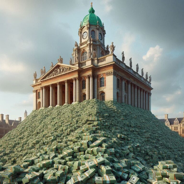 A classical university tower (Oxford-style or Harvard’s Widener Library) perched atop massive piles of green dollar bills.