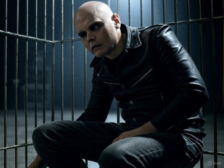 Billy Corgan in a black leather jacket sitting inside a cage, looking down with a somber, introspective expression.