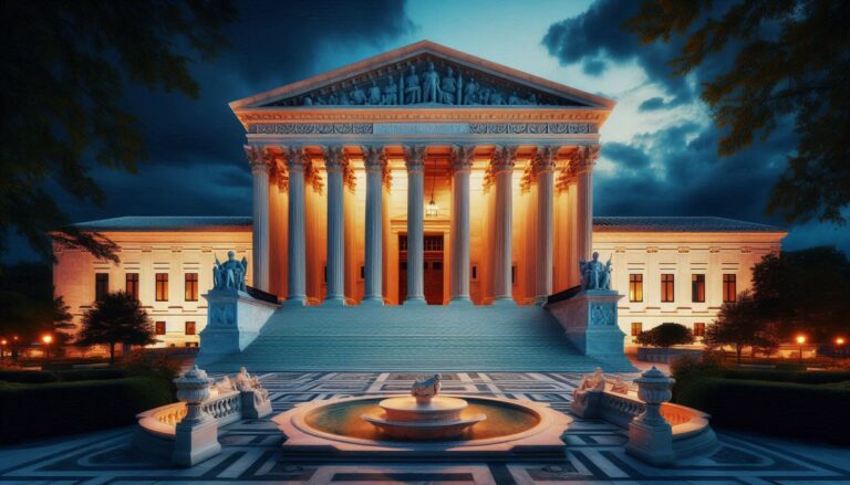Supreme Court building at sunrise with soft light on marble columns