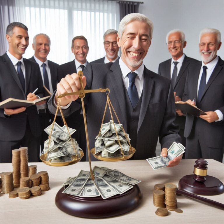 Older white male lawyers in suits smiling while holding scales of justice filled with cash, symbolizing the commercialization of law and profit-driven legal practice.