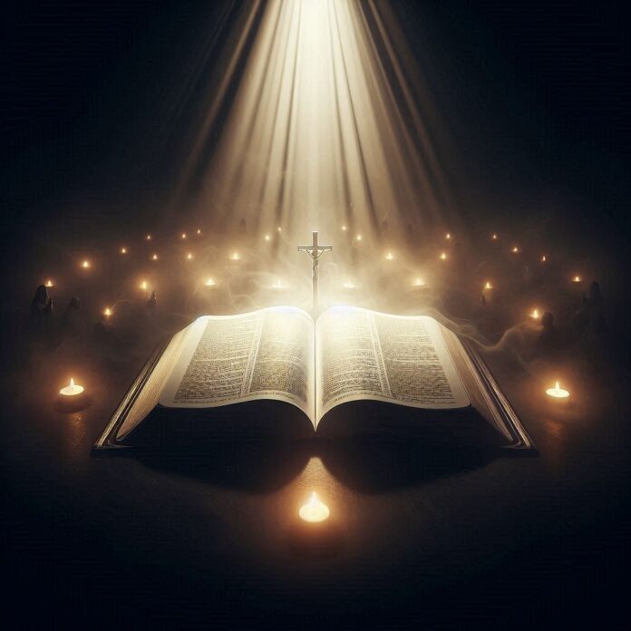 Open Bible illuminated by a beam of light in a dark room, symbolizing divine truth revealed amid spiritual darkness.