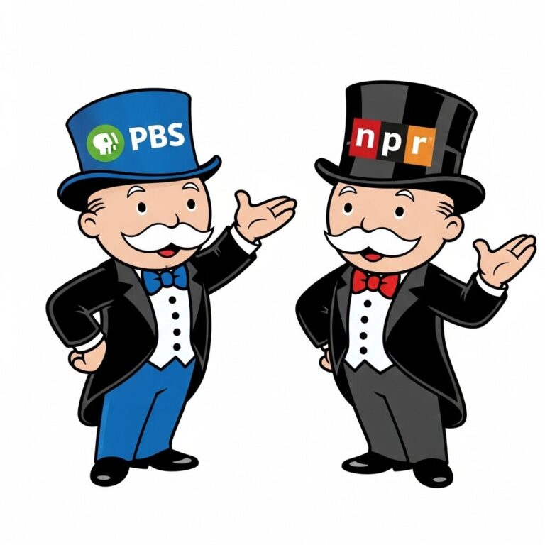 Cartoon of two Monopoly-style men in tuxedos, one wearing a PBS-branded blue top hat and the other an NPR-branded black top hat, both smiling and gesturing as if in conversation.