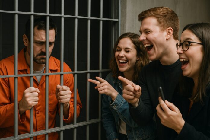 Man in an orange prison jumpsuit grips the bars of a jail cell with a solemn expression, while three people outside laugh, point, and take photos of him with their phones.