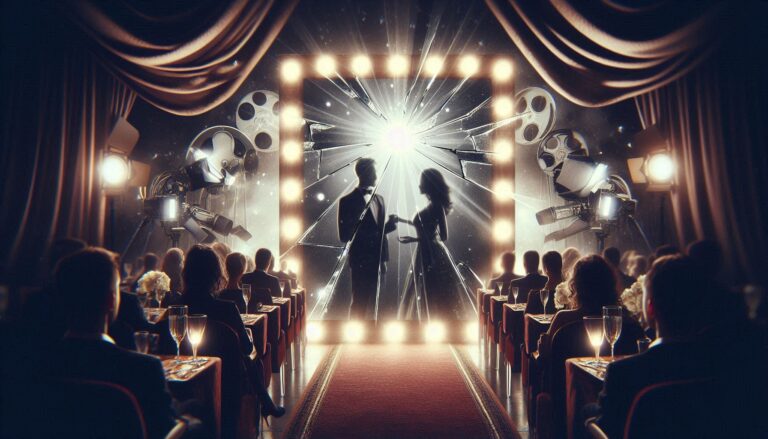 A cinematic couple framed in a shattered mirror reflects Hollywood’s glamorization of betrayal and the illusion of romantic freedom in modern film.