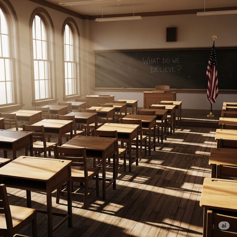 Empty classroom with wooden desks, an American flag in the corner, and a chalkboard that says “What do we believe?” in faint chalk, lit by sunlight through tall windows.