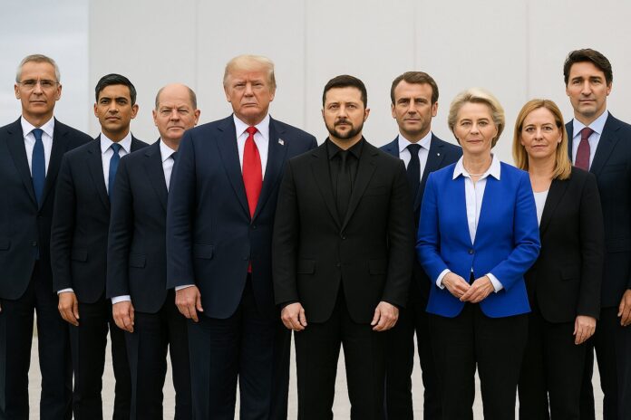 “Donald Trump, Volodymyr Zelensky, and European leaders standing in a row for a formal group photo, symbolizing political unity.”