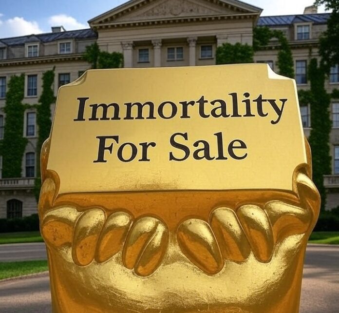Golden plaque with the words “Immortality For Sale” displayed in front of a university building, satirizing the vanity of donor naming rights and the illusion of lasting legacy.