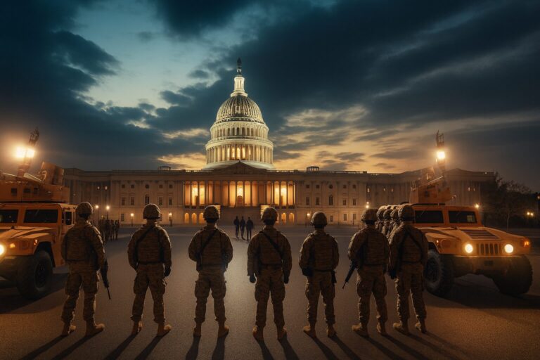 Soldiers in tactical gear stand in formation with military vehicles in front of the U.S. Capitol at twilight, highlighting themes of federal law enforcement and public order.