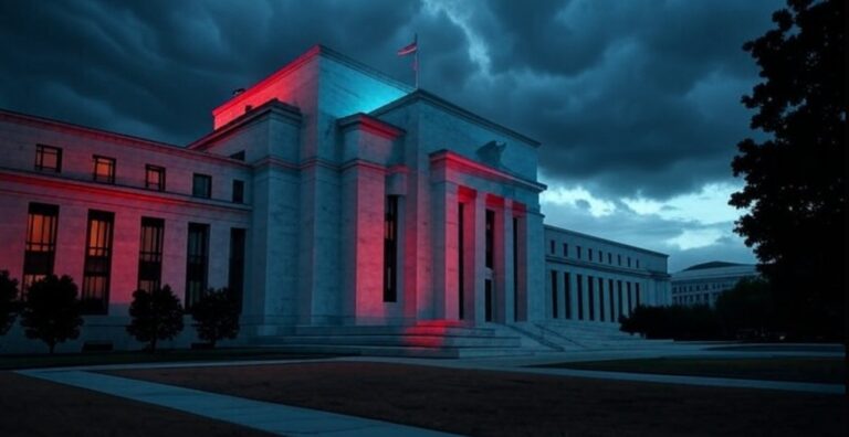The Federal Reserve building under storm clouds, lit in red and blue to symbolize political pressure.