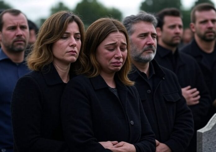 A crying woman is embraced at a funeral for school shooting victims, surrounded by mourners in black clothing with solemn expressions.