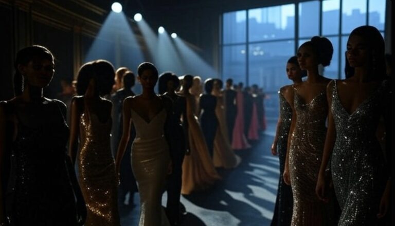 Runway show with multiple models in glittering gowns under dramatic spotlights, highlighting the beauty and faceless uniformity of the fashion industry.