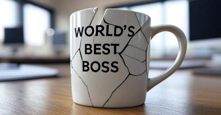 Cracked “World’s Best Boss” coffee mug sitting on a desk in a modern office, symbolizing the decline of The Office legacy and Hollywood’s broken approach to entertainment.