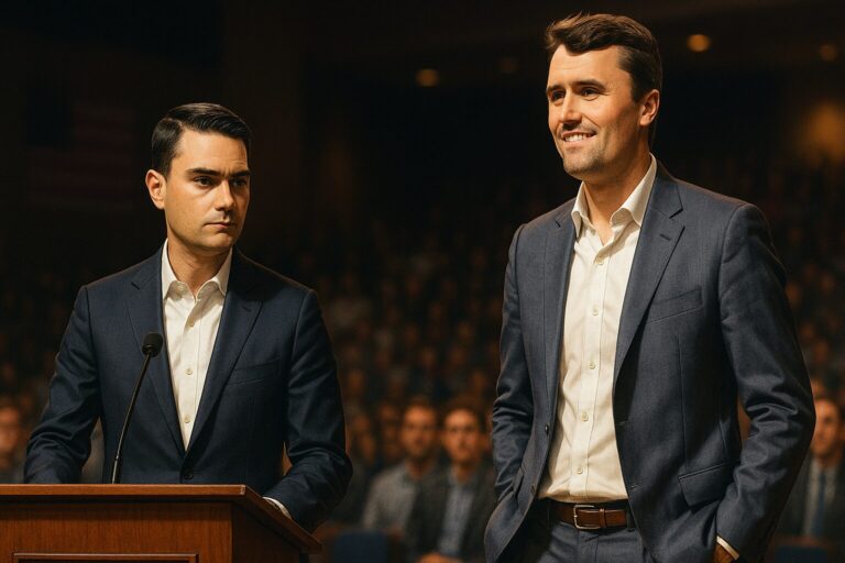 Ben Shapiro and Charlie Kirk on stage at a university debate—Shapiro serious at the podium in a dark suit, Kirk smiling beside him in a light suit, with warm lighting and a blurred audience behind them.