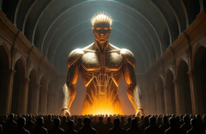A glowing humanoid figure made of circuitry towers over a crowd of worshippers in a dark, cathedral-like hall, symbolizing humanity’s reverence for artificial intelligence as a modern idol.