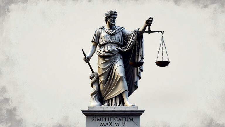 Marble statue of a Roman philosopher holding scales labeled Justice and Mercy, with the Latin phrase Simplificatum Maximus engraved on the base, representing the theme of moral balance and intellectual clarity.