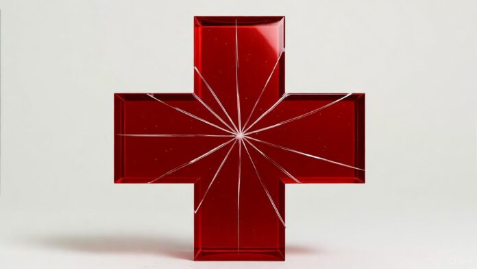 Cracked red medical cross made of glass, symbolizing the broken promise and limitations of universal health care.