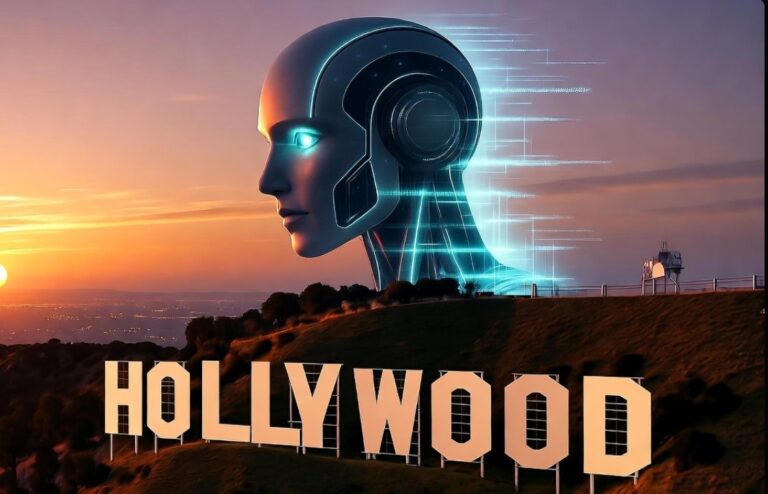 AI robot head overlooking Hollywood sign at sunset, blending futuristic neon glow with classic Los Angeles landscape.