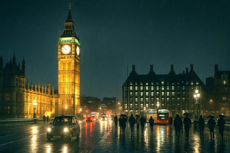 Black taxi and pedestrians with umbrellas on a rainy London night near Big Ben and the Houses of Parliament, with lights reflecting off the wet street.