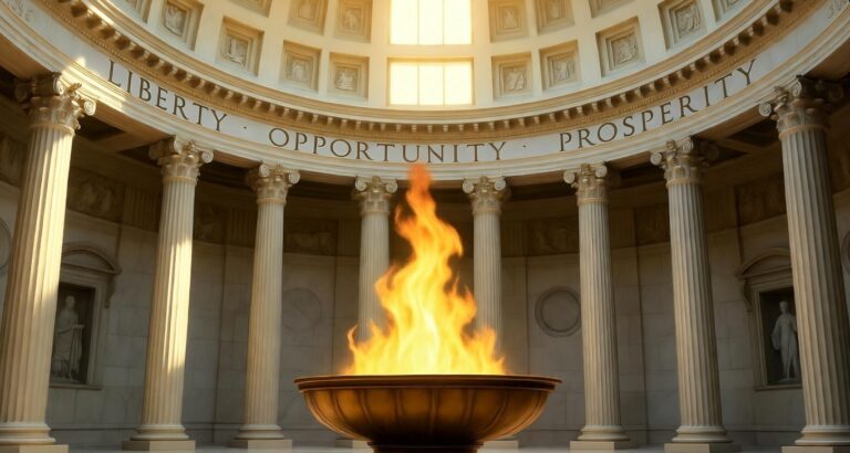 Eternal flame burning in a bronze basin inside a grand white marble temple with tall Corinthian columns and a domed ceiling. Sunlight streams through the oculus, illuminating the engraved words “Liberty,” “Opportunity,” and “Prosperity” on the entablature, symbolizing enduring American ideals.