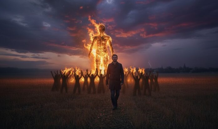 Man walking away from a burning wicker effigy surrounded by shadowy figures at dusk, symbolizing modern men rejecting cultural sacrifice.
